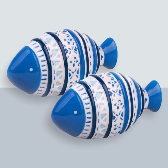 Global Tides Tropical Fish Salt Pepper Shaker Set Ceramic Coastal Blue White - Picture 1 of 16